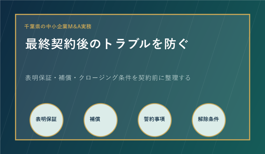 千葉県の中小企業M&Aで最終契約後のトラブルを防ぐための表明保証・補償・誓約事項・解除条件の整理図