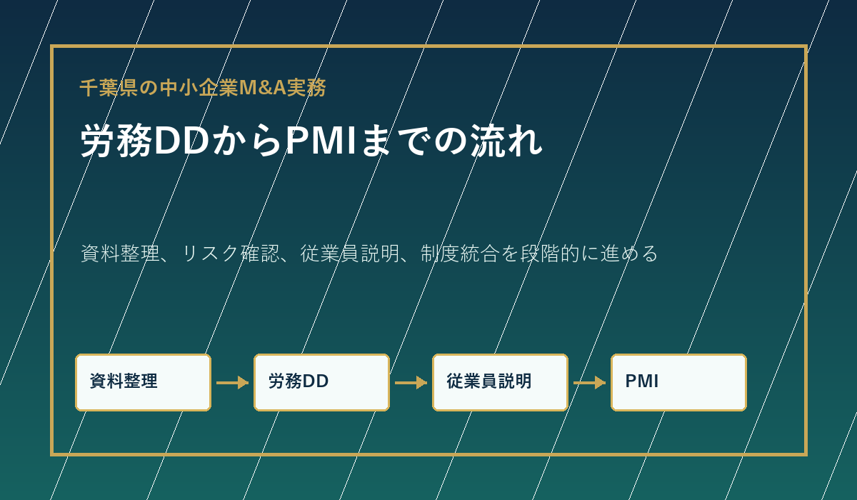 千葉県の中小企業M&Aで労務DDから従業員説明とPMIまでの流れを示す図