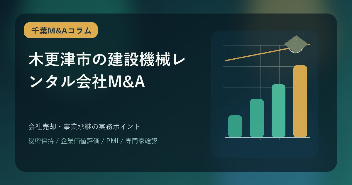 木更津市の建設機械レンタル会社M&Aをテーマに、会社売却と事業承継の実務ポイントを表現したアイキャッチ画像