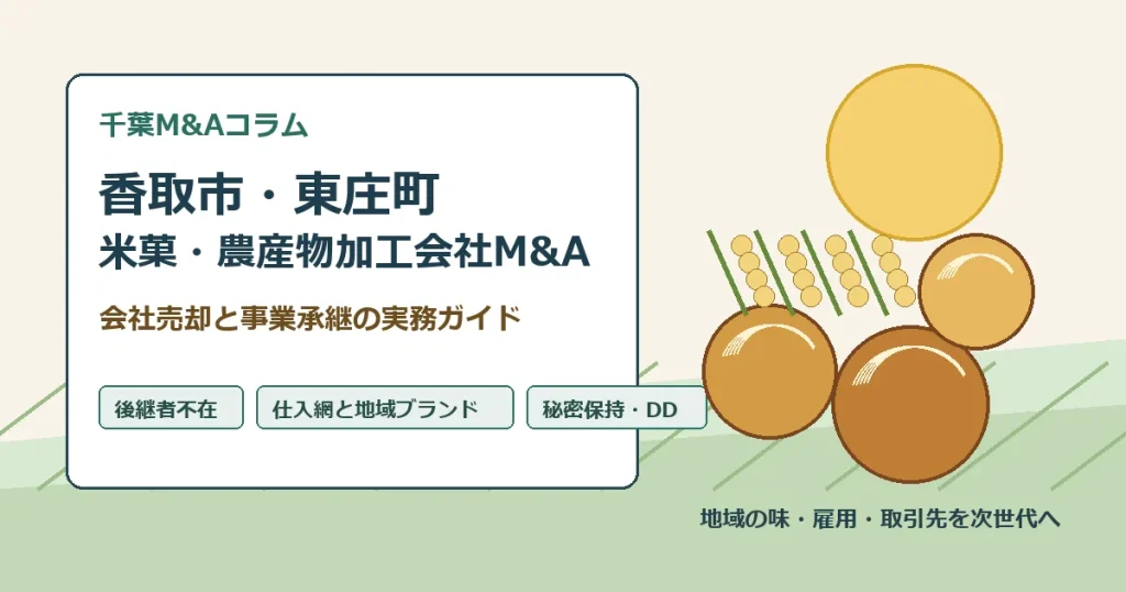 香取市・東庄町の米菓・農産物加工会社M&Aと会社売却・事業承継を表す米菓と水田のイメージ