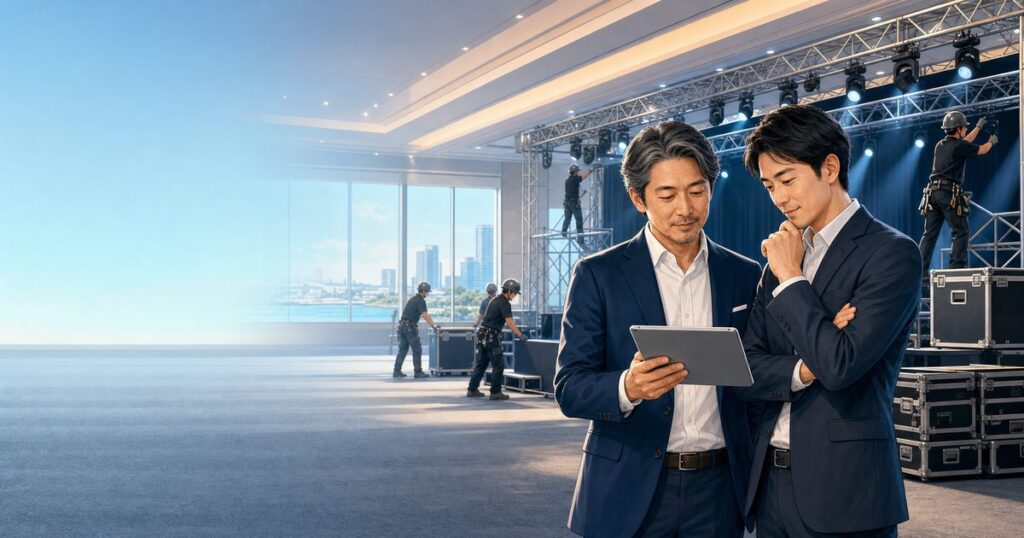 浦安市・舞浜のイベント施工・舞台設営会社M&Aと事業承継を検討する経営者のイラスト