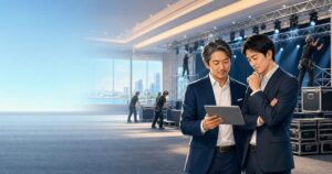 浦安市・舞浜のイベント施工・舞台設営会社M&Aと事業承継を検討する経営者のイラスト