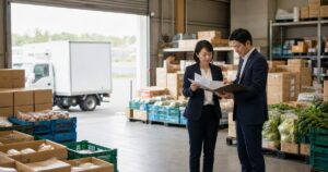 千葉県の青果卸売会社M&Aで倉庫と配送資料を確認する担当者