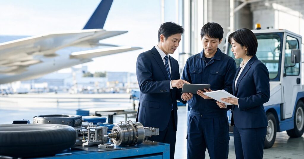 成田市・芝山町の航空機部品整備・空港地上支援機材会社M&Aを表す整備現場での事業承継打ち合わせ