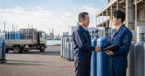 袖ケ浦市・市原市の工業用ガス販売・工業用ガス販売会社M&Aを表す容器保管・配送現場での事業承継打ち合わせ