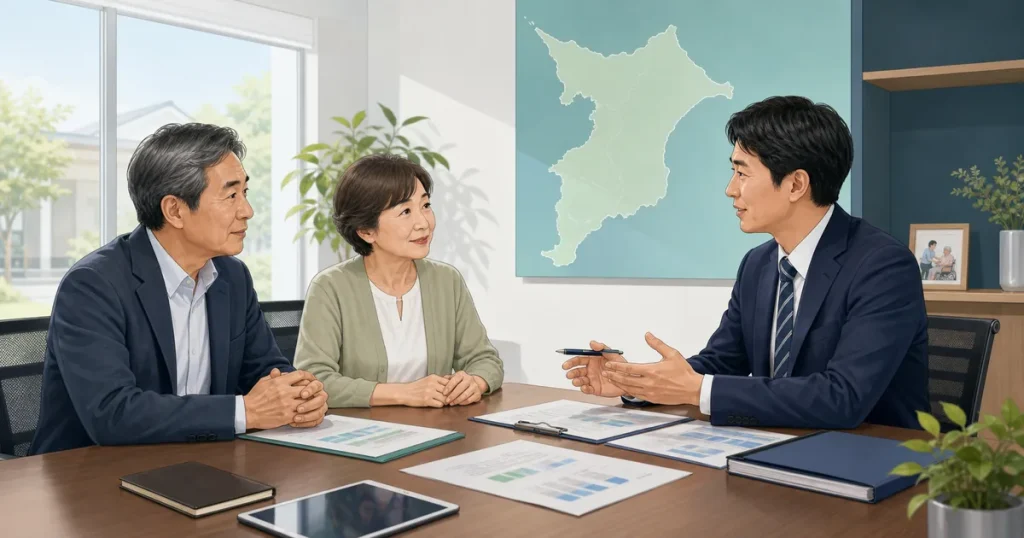 船橋市・市川市の介護事業所M&Aと事業承継を相談する経営者とアドバイザーのイラスト