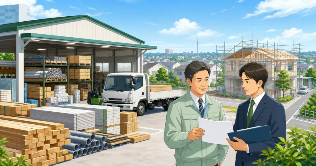 四街道・佐倉エリアの建材配送会社M&Aを表す、建材倉庫と配送車、商談資料のイラスト
