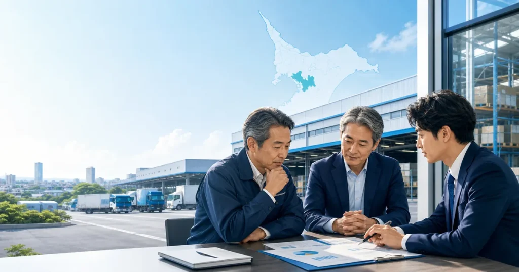 流山・柏のEC物流・倉庫業M&Aで会社売却と事業承継を進める実務ガイドのアイキャッチ画像。流山・柏のEC物流倉庫と事業承継を表すイラスト