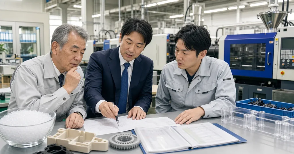 茂原・長生地域の樹脂成形M&Aを相談する経営者とアドバイザー、成形工場の商談風景