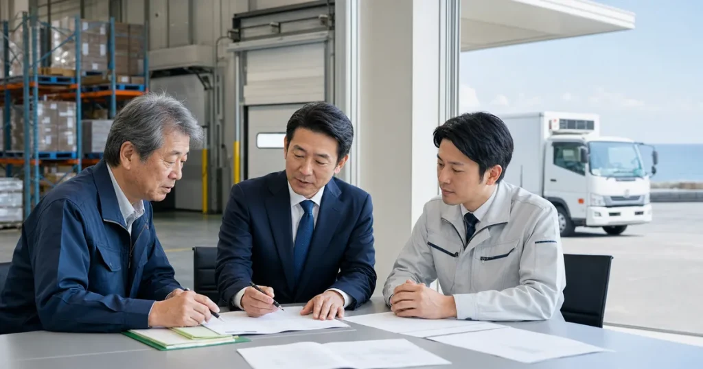 東金・山武の食品物流M&Aを相談する経営者とアドバイザー、冷凍冷蔵倉庫の商談風景