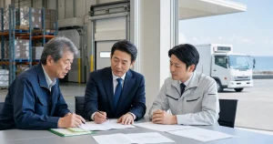 東金・山武の食品物流M&Aを相談する経営者とアドバイザー、冷凍冷蔵倉庫の商談風景