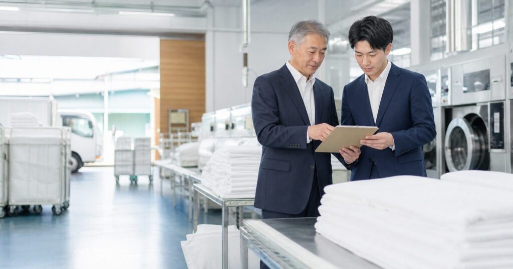 浦安市・市川市のホテルリネンサプライ・業務用クリーニング会社M&Aを表す業務用ランドリー工場での事業承継打ち合わせ