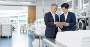 浦安市・市川市のホテルリネンサプライ・業務用クリーニング会社M&Aを表す業務用ランドリー工場での事業承継打ち合わせ