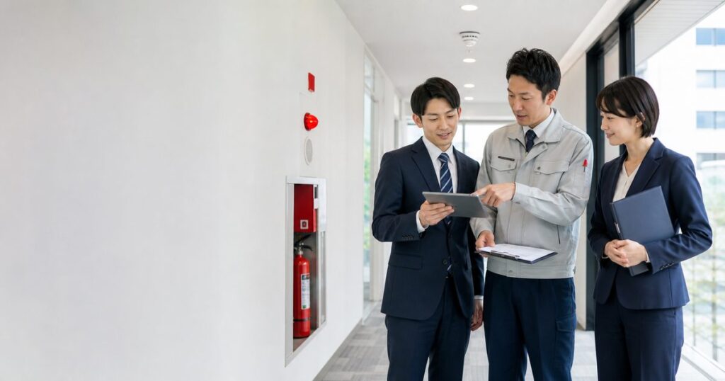 松戸市・柏市の消防設備点検会社M&Aを表す建物内の消防設備点検現場での事業承継打ち合わせ