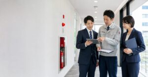 松戸市・柏市の消防設備点検会社M&Aを表す建物内の消防設備点検現場での事業承継打ち合わせ
